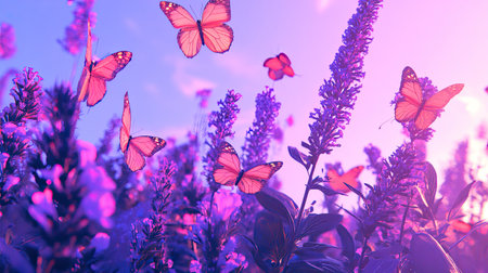 A stunning scene of butterflies dancing among vibrant purple flowers, capturing the beauty of nature in a colorful and tranquil setting. Perfect for nature lovers.の素材