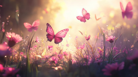 A captivating scene featuring delicate pink butterflies fluttering above a meadow filled with vibrant flowers, evoking a sense of tranquility and natural beauty.の素材