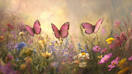 A stunning scene of vibrant pink butterflies fluttering above a blooming meadow filled with colorful wildflowers, capturing the essence of nature's beauty.の素材