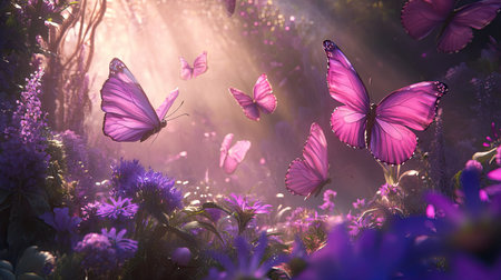 A mesmerizing scene featuring vibrant pink butterflies dancing among blooming flowers in an enchanting garden. Sunlight filters through, creating a magical atmosphere.の素材