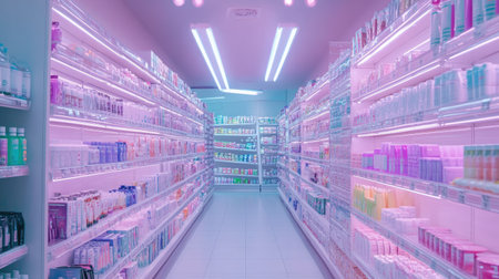 Bright and colorful aisle filled with various beauty products in a modern retail store. The vibrant display invites consumers to explore skincare and cosmetic options.の素材