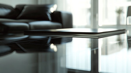 A stylish modern living room featuring a sleek black couch and a minimalist table. The reflective surface creates a chic atmosphere, enhancing home elegance.の素材