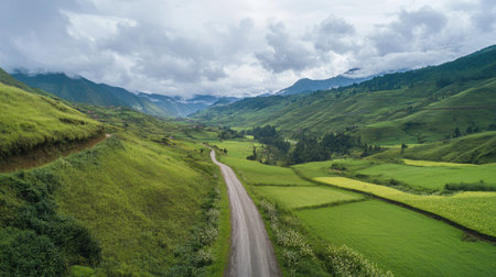Explore a breathtaking mountain landscape featuring lush green fields and a winding road under a cloudy sky, perfect for nature lovers and travelers.の素材