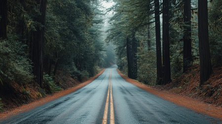 A serene road leads through a majestic redwood forest shrouded in fog. The atmosphere is calm and peaceful, inviting travelers for exploration and adventure.の素材