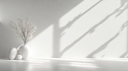 A minimalist interior scene featuring elegant white vases and gentle shadows, creating a serene and tranquil atmosphere perfect for modern decor inspiration.の素材