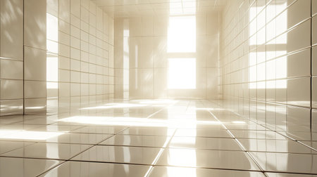 A bright and spacious room featuring glossy white tiles and soft shadows. Sunlight streams through large windows, creating a serene and tranquil atmosphere.の素材