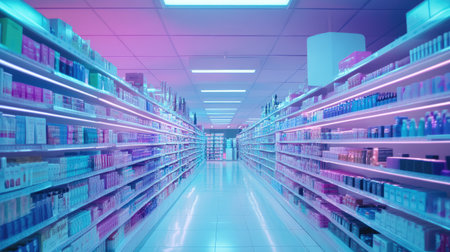 Explore a modern beauty supply store aisle illuminated with vibrant neon lighting. Shelves display a variety of cosmetics and personal care products, creating a futuristic shopping experience.の素材