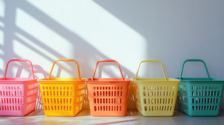 A vibrant arrangement of colorful plastic baskets in a sunlit room, casting playful shadows. Ideal for home organization, decor inspiration, and brightening spaces.の素材
