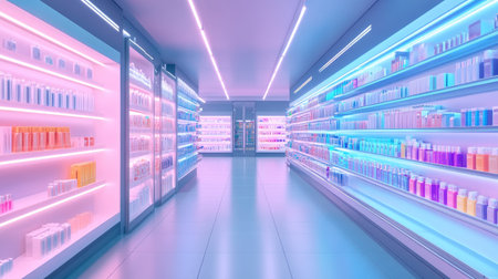 Bright and modern cosmetic aisle featuring colorful products arranged on sleek shelves. Soft neon lighting creates a vibrant and inviting atmosphere.の素材