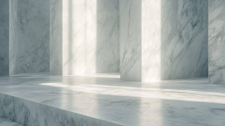This elegant marble interior features soft light casting shadows on the polished surfaces, creating a tranquil atmosphere. Perfect for design and architecture themes.の素材