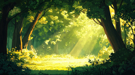 A captivating view of an enchanted forest, featuring sun rays filtering through lush green trees, creating a serene and tranquil atmosphere. Perfect for nature lovers.の素材