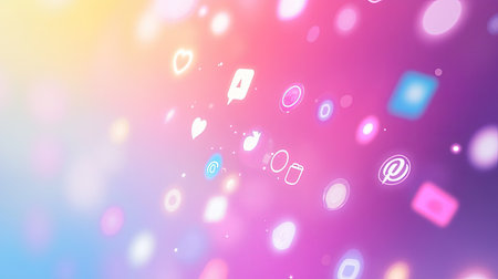 Vibrant digital background featuring floating social media icons in a colorful gradient. Perfect for representing modern communication and online interaction.の素材