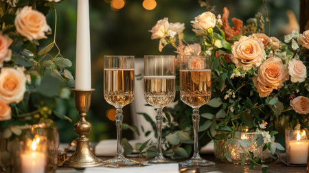 A beautifully arranged table featuring champagne glasses beside elegant floral decorations. This setup evokes a warm and romantic atmosphere for celebrations.の素材