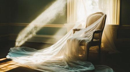 A serene moment captured with light filtering through sheer fabric draped on a vintage chair, creating a tranquil and elegant atmosphere in a softly lit room.の素材