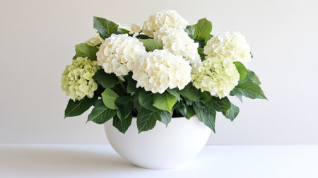 A stunning arrangement of white hydrangeas in a sleek ceramic pot, perfect for home decor. This floral piece brings a touch of elegance and serenity to any indoor space.の素材