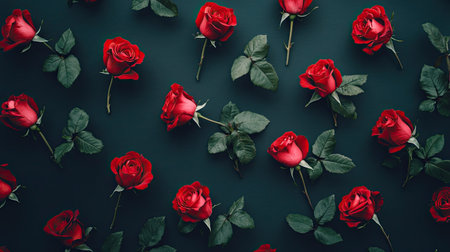 A beautiful top view of fresh red roses arranged in a natural floral pattern, ideal for wallpaper designs.の素材