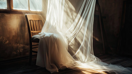 A soft, ethereal fabric drapes elegantly over a rustic chair, illuminated by gentle natural light streaming through a nearby window, creating a serene atmosphere.の素材