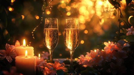 Two elegant champagne glasses sit amidst vibrant flowers and warm candlelight, creating a romantic atmosphere perfect for celebrations or intimate moments.の素材