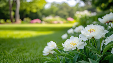 Charming view of blooming white peonies in a lush garden. This serene scene captures the beauty of springtime flowers against a vibrant landscape, radiating freshness.の素材