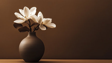 A stunning arrangement of delicate white flowers in a brown vase, set against a minimalist background. Perfect for adding elegance and tranquility to any interior space.の素材