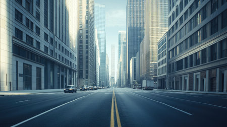 A striking urban scene featuring an empty road flanked by towering skyscrapers. The image captures modern architecture in a tranquil city atmosphere.の素材