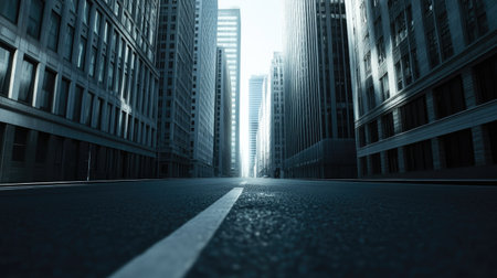 A serene urban street view showcases towering skyscrapers in a silent city landscape. The composition emphasizes architectural beauty amidst an empty road.の素材