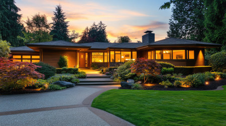 A contemporary house with glowing interior lights and a beautifully landscaped front yard at twilight.の素材