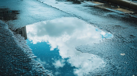 A stunning view of clouds reflected in a shallow puddle on a wet street after rain, showcasing the beauty of nature and urban harmony.の素材