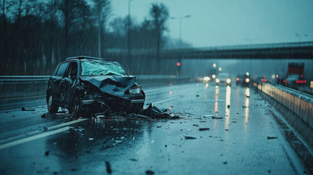 A car crash scene on a rainy highway, with visible damage and empty surroundings, copy space available.の素材