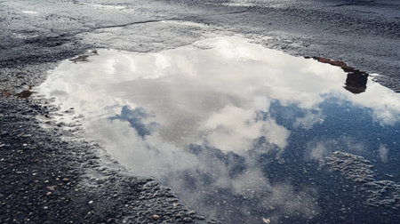 A serene reflection of fluffy clouds in a water puddle on urban asphalt, showcasing a unique interplay of nature and city elements in everyday life.の素材