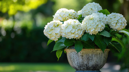 A stunning display of white hydrangeas in a decorative pot, showcasing their delicate petals and lush green leaves in a serene outdoor setting.の素材