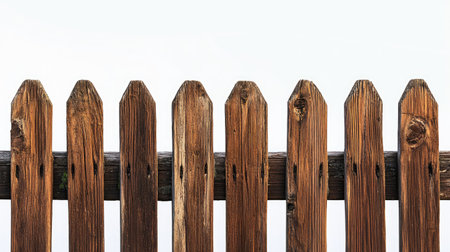 A brown picket fence with a clean white backdrop, emphasizing its natural beauty and simple design.の素材