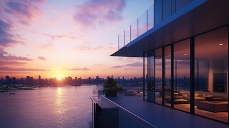 A breathtaking sunset view from the glass exterior of a contemporary city home.の素材