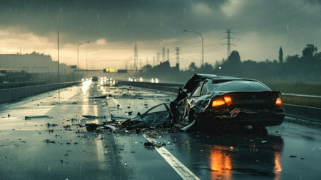 A car crash scene on a rainy highway, with visible damage and empty surroundings, copy space available.の素材