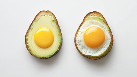 A clean composition of avocado toast with sunny-side-up egg, viewed from above on a white background for text or branding.の素材