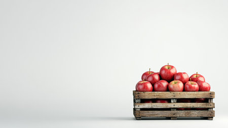 A rustic wooden crate filled with fresh red apples creates a vibrant and inviting display. The clean background emphasizes the beauty of this natural fruit.の素材