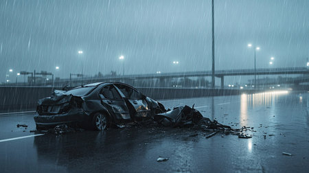 A car crash scene on a rainy highway, with visible damage and empty surroundings, copy space available.の素材