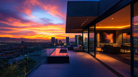 A breathtaking sunset view from the glass exterior of a contemporary city home.の素材