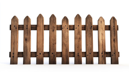 A classic brown wooden fence standing on a white background, separating objects with clean simplicity.の素材