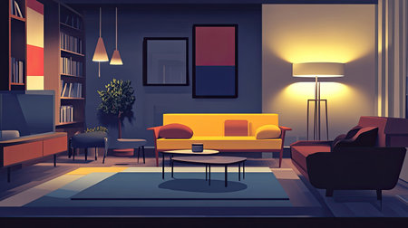 A cozy yet modern living room interior, featuring sleek furniture and ample copy space.の素材