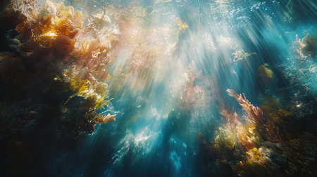 Experience the magical interplay of light and color in an underwater realm. Vibrant coral and aquatic life create a serene ecosystem bursting with beauty.の素材