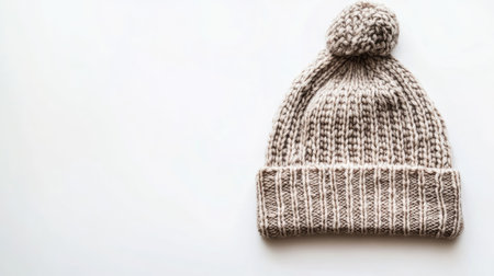 A cozy knitted beanie hat on a clean white background, ample copy space for design or text.の素材