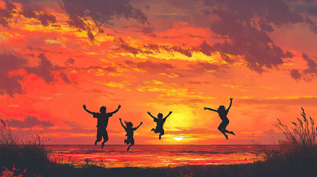 A happy family jumping together on the beach, silhouetted against a vibrant sunset sky.の素材