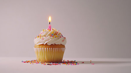 A delicious cupcake with colorful sprinkles and a lit candle, bright white background for branding or text.の素材