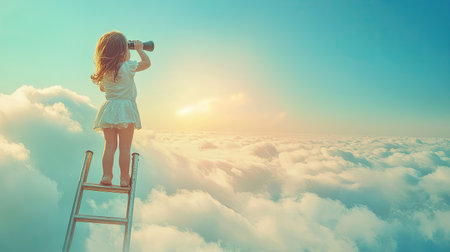 A little girl on a ladder above the clouds, holding binoculars and gazing at the horizon, surrounded by open sky with copy space.の素材