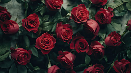 A stunning overhead view of red roses elegantly arranged with lush green leaves, showcasing the natural beauty and vibrant colors perfect for various occasions.の素材