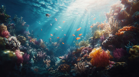 A dynamic underwater shot of tropical marine life exploring a vibrant coral reef, with sunlight illuminating the water.の素材