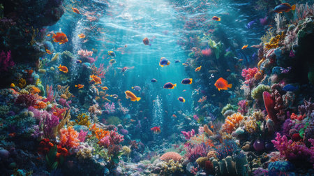 A lively underwater world featuring schools of tropical fish and colorful coral in a crystal-clear sea.の素材