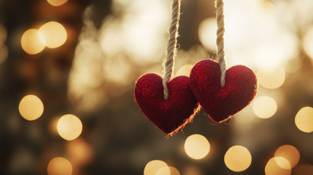 Two red felt hearts hang gracefully against a warm bokeh backdrop, symbolizing love and affection. Ideal for romantic themes and thoughtful designs.の素材
