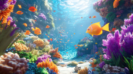 A lively underwater world featuring schools of tropical fish and colorful coral in a crystal-clear sea.の素材